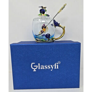 Glassyfi Butterfly Flower Glass Tea Cup Lid Spoon Purple Enamel in Box U233